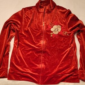 Jaclyn Smith Luxurious Red Velvet B Zip Up Sweater with Floral Design Medium EUC
